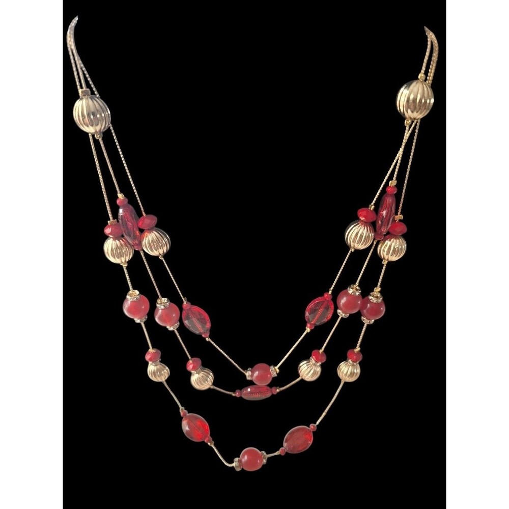 Elegant Multi-Strand Red & Gold Beaded Necklace